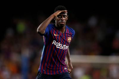 Barcelona's Ousmane Dembele celebrates after scoring his side's second goal. AP Photo