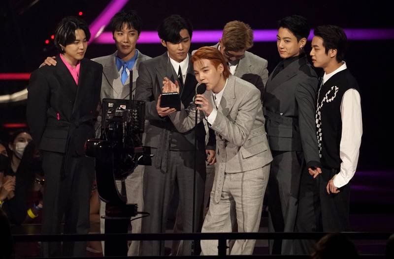 BTS accepts the award for artist of the year at the American Music Awards on November 21, 2021 at the Microsoft Theater in Los Angeles. AP Photo