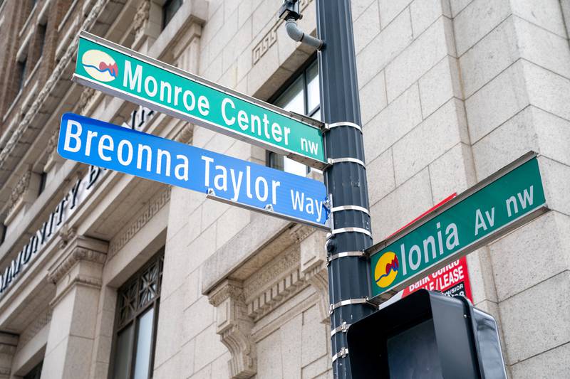 A street sign named ‘Breonna Taylor Way’ is seen in Grand Rapids, Michigan. Reuters
