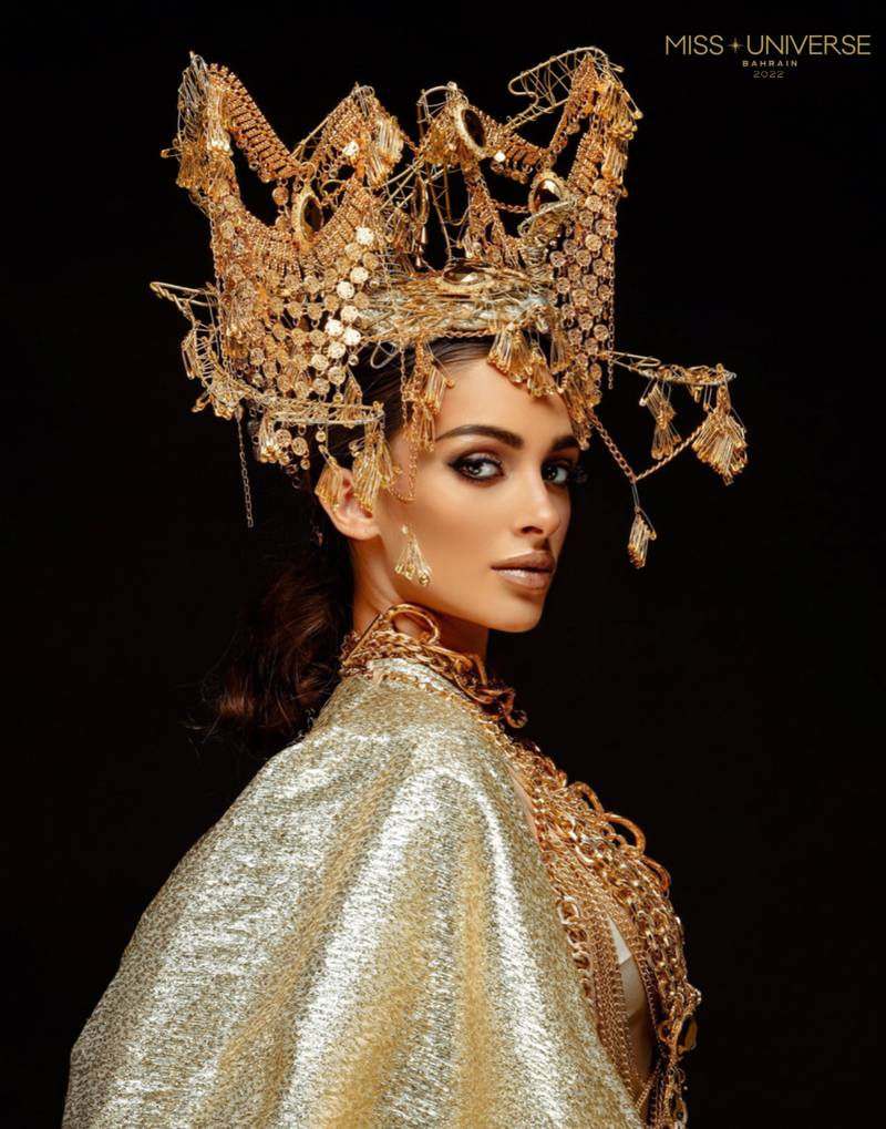 The look by Amato is inspired by gold and is covered in metalwork and even safety pins. Photo: Miss Bahrain