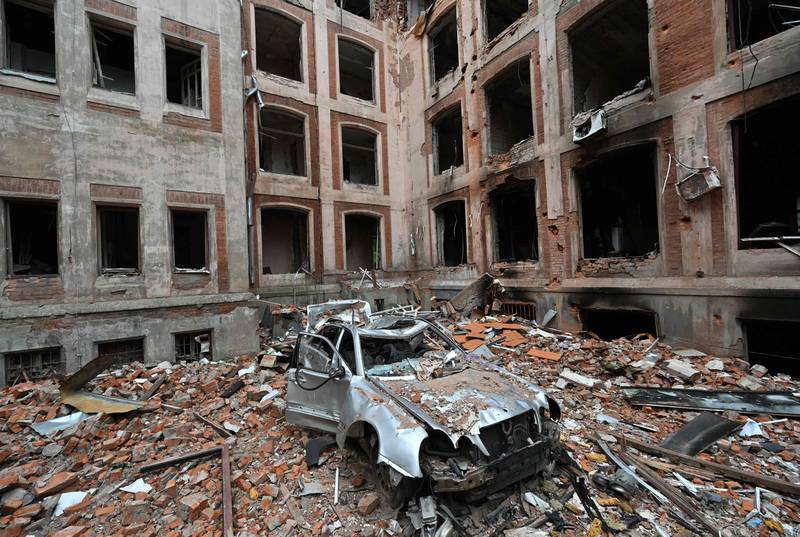 The damaged building of the economics department of Karazin National University in Kharkiv. AFP