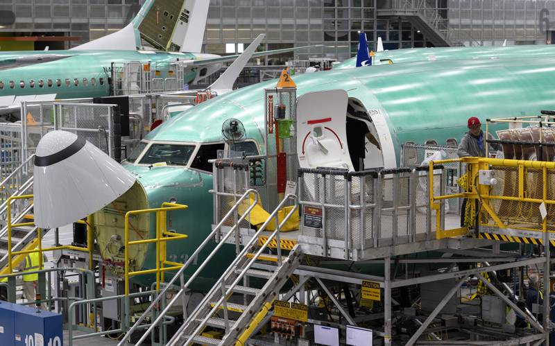 A Boeing 737 Max assembly line in Renton, Washington. The top problem for Boeing and Airbus is delivering jets on time. AP
