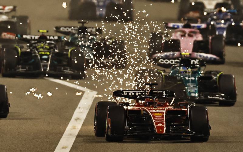 Ferrari's Charles Leclerc at the start of the Bahrain GP. Reuters