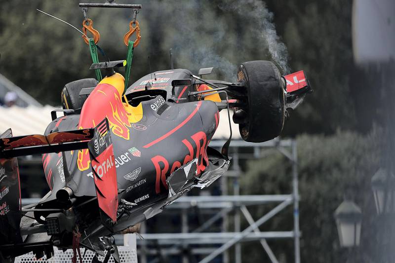 Max Verstappen, Red Bull Racing-TAG Heuer RB12, Grand Prix of Monaco, Circuit de Monaco, 29 May 2016. Max Verstappen's Red Bull Racing RB12 after his crash during the 2016 Monaco Grand Prix. (Photo by Paul-Henri Cahier/Getty Images)