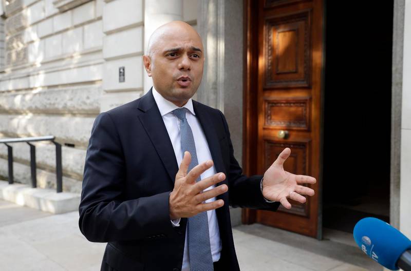 LONDON, ENGLAND - JULY 24: Britain's new Chancellor of the Exchequer Sajid Javid arrives at the treasury on July 24, 2019 in London, England. Boris Johnson took the office of Prime Minister of the United Kingdom of Great Britain and Northern Ireland this afternoon and immediately began appointing new Cabinet Ministers. Former Foreign secretary and leadership rival Jeremy Hunt returns to the back benches, along with Liam Fox, Jeremy Wright, Penny Mordaunt and Karen Bradley. (Photo by Matt Dunham - WPA Pool/Getty Images)