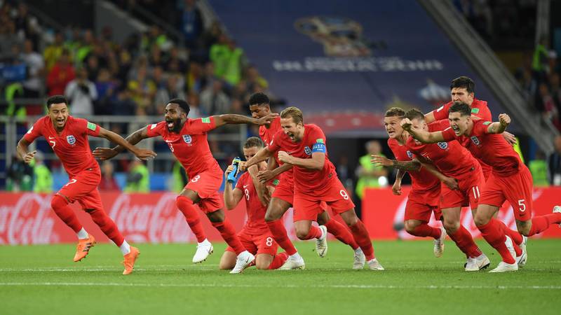 MOSCOW, RUSSIA - JULY 03:  The England players celebrate after Eric Dier of England scores the winning penalty in the penalty shoot out during the 2018 FIFA World Cup Russia Round of 16 match between Colombia and England at Spartak Stadium on July 3, 2018 in Moscow, Russia.  (Photo by Matthias Hangst/Getty Images)