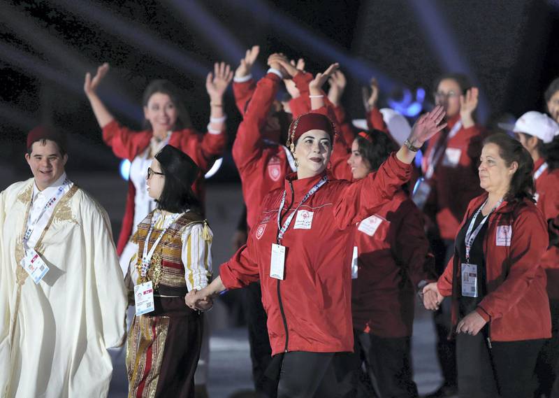 Abu Dhabi, United Arab Emirates - March 17th, 2018: Athletes enter. The Opening Ceremony of the Special Olympics Regional Games. Saturday, March 17th, 2018. ADNEC, Abu Dhabi. Chris Whiteoak / The National