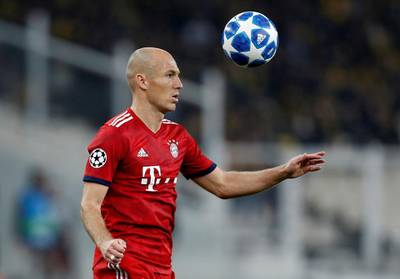 FILE PHOTO: Soccer Football - Champions League - Group Stage - Group E - AEK Athens v Bayern Munich - OAKA Spiros Louis, Athens, Greece - October 23, 2018  Bayern Munich's Arjen Robben in action      REUTERS/Costas Baltas/File Photo
