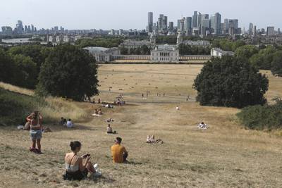 Sunbathers on the parched grass in Greenwich Park, south-east London. AP