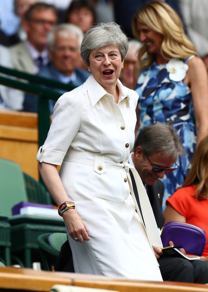 Britain's Prime Minister Theresa May in the Royal Box ahead of the final between Serena Williams of the U.S. and Romania's Simona Halep REUTERS/Hannah McKay