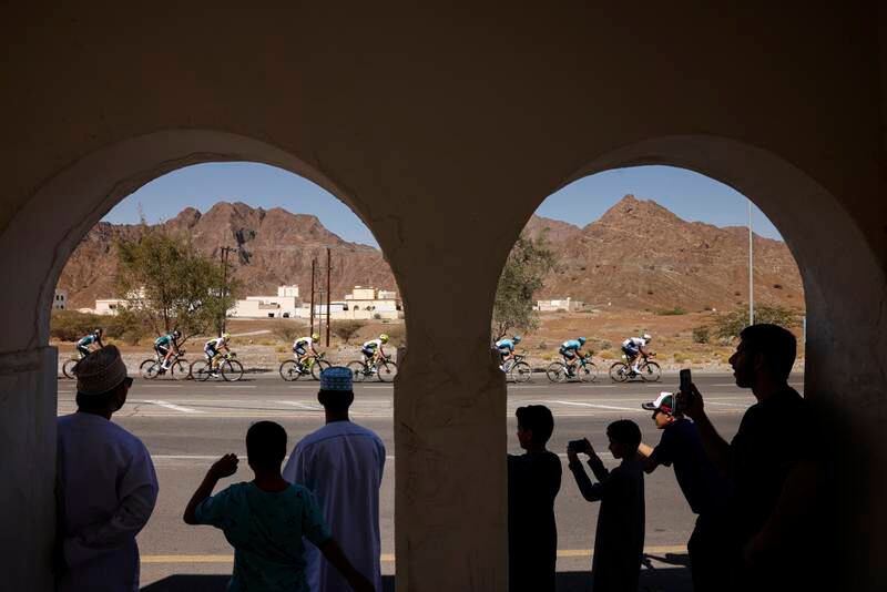 The pack of riders in action during the 1st stage of the Tour of Oman cycling race over 147. 5 km from Al Rustaq Fort to Oman Convention & Exhibition Centre (OCEC), in Muscat, Oman, 11 February 2023.   EPA / YOAN VALAT