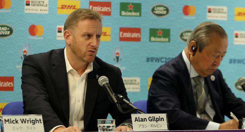 Alan Gilpin, the Rugby World Cup tournament director, informs the media of the potential impact of Typhoon Hagibis as they announce match cancellations at a press conference. Getty Images