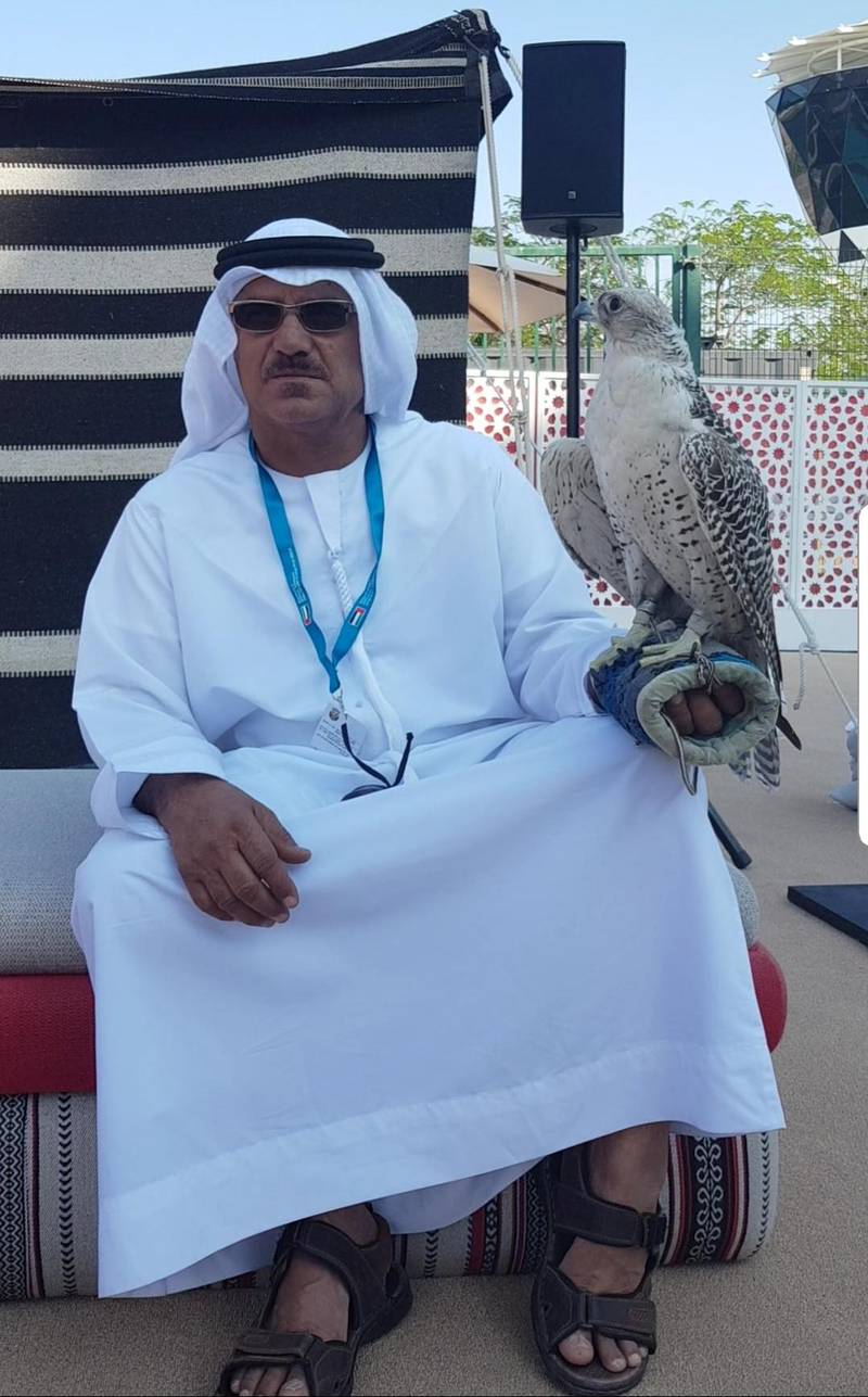 Abudullah Hammadi and pet falcon Hirjeel at the Abu Dhabi F1 Heritage Village. Courtesy: Saeed Saeed.