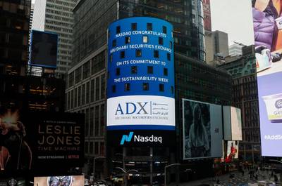 The Nasdaq Tower in New York's Times Square features a message from Abu Dhabi Securities Exchange as the second Abu Dhabi Sustainable Finance forum took place earlier this month. Image courtesy of ADX