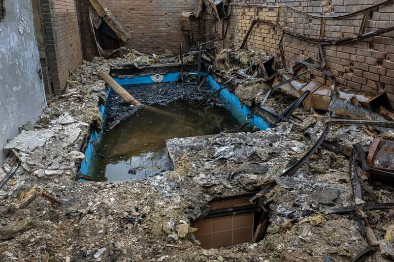 A heavily damaged home spa near Ruski Tyshky village in Ukraine. Getty