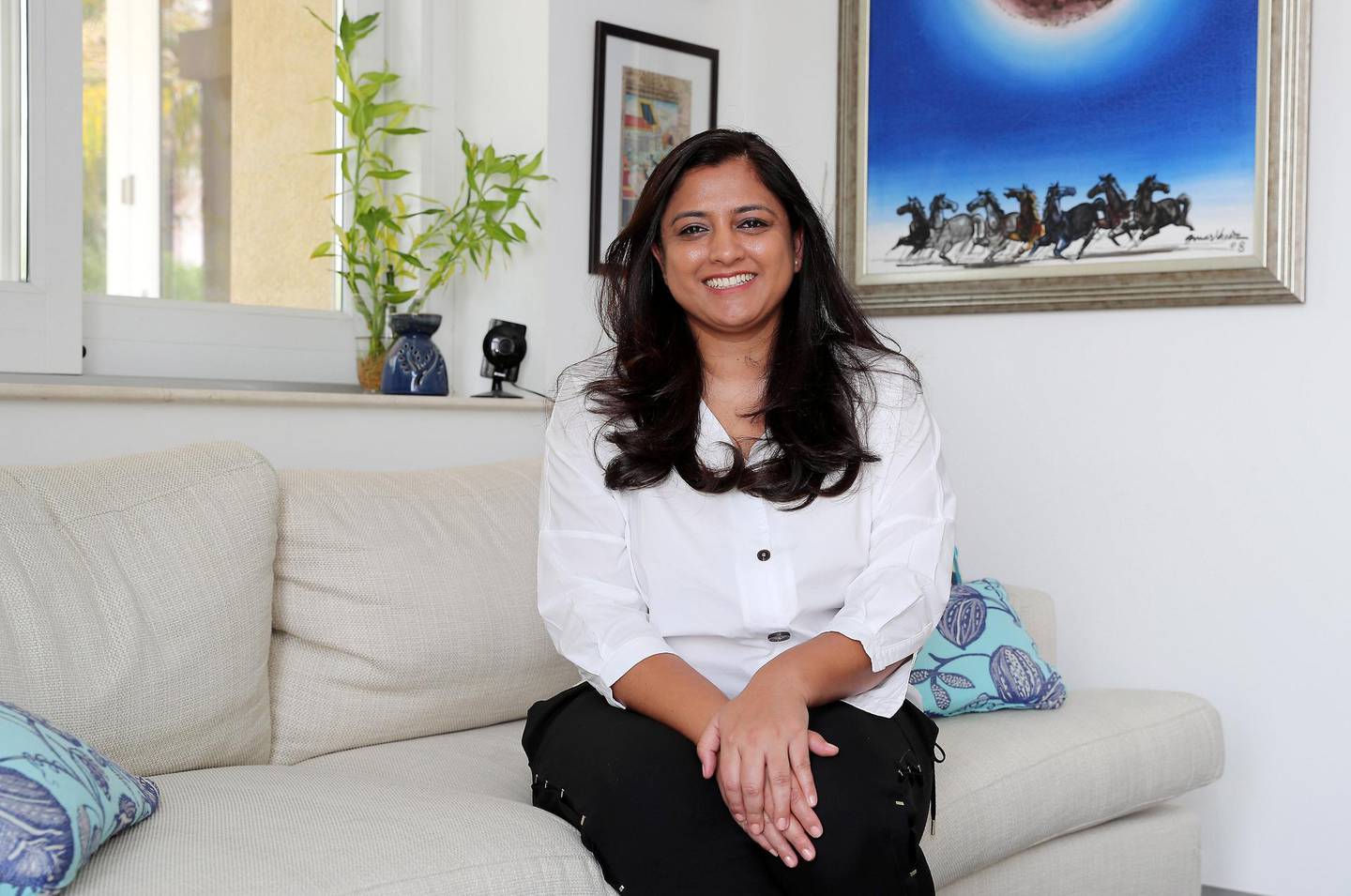 DUBAI, UNITED ARAB EMIRATES , July 19 – 2020 :- Anuscha Iqbal, chief executive, Spotii at her villa in the Victory Heights in Dubai Sports City in Dubai. (Pawan Singh / The National) For Business. Story by Deepthi Nair