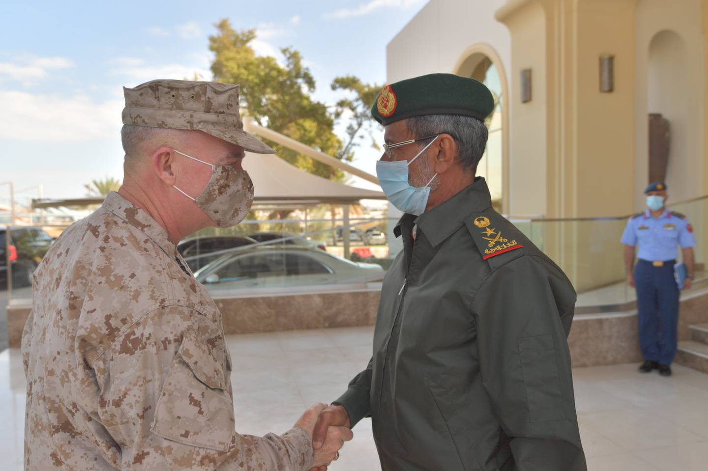 Lt Gen Hamad Al Rumaithi welcomes Lt Gen Kenneth McKenzie to Abu Dhabi. Photo: UAE Ministry of Defence