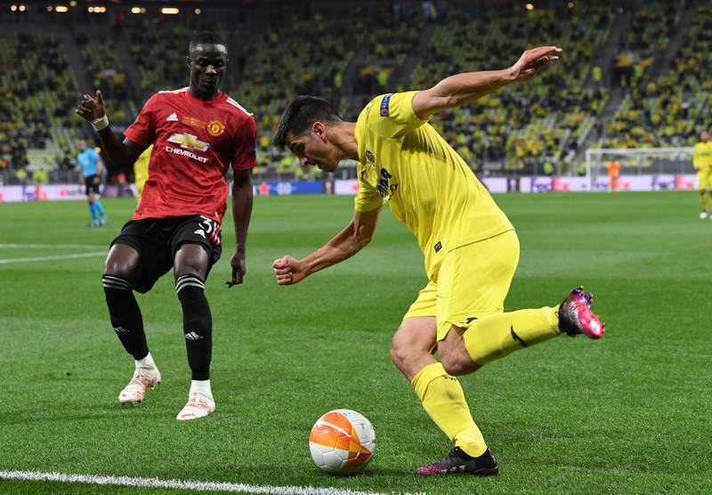 Villarreal striiker Gerard Moreno takes on Manchester United defender Eric Bailly during the Europa League final. EPA