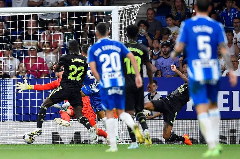 Espanyol defender Joselu scores his team's first goal against Real Madrid. AFP