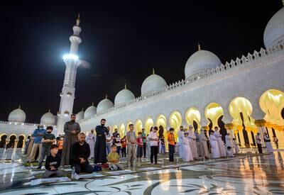 Isha prayers at the Sheikh Zayed Grand Mosque in Abu Dhabi on the tenth day of Ramadan. Victor Besa / The National
