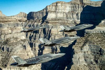 FILE PHOTO: A formation of U.S. Air Force F-35 Lightning II fighter jets perform aerial maneuvers during as part of a combat power exercise over Utah Test and Training Range, Utah, U.S. November 19, 2018. Picture taken November 19, 2018. U.S. Air Force/Staff Sgt. Cory D. Payne/Handout via REUTERS. ATTENTION EDITORS - THIS IMAGE WAS PROVIDED BY A THIRD PARTY/File Photo
