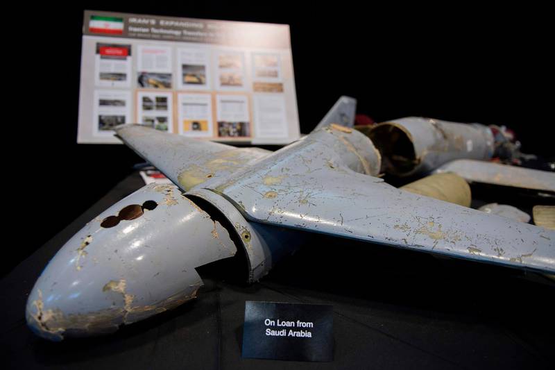 A kamikaze drone is seen on display after US Ambassador to the United Nations Nikki Haley unveiled previously classified information intending to prove Iran violated UNSCR 2231 by providing the Houthi rebels in Yemen with arms during a press conference at Joint Base Anacostia in Washington, DC, on December 14, 2017.
Haley said Thursday that a missile fired by Huthi militants at Saudi Arabia last month had been made in Iran. "It was made in Iran then sent to Huthi militants in Yemen," Haley said of the missile.
 / AFP PHOTO / JIM WATSON