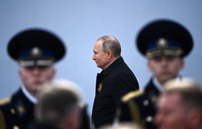 Vladimir Putin arrives to watch the Victory Day military parade at Red Square in central Moscow. AFP