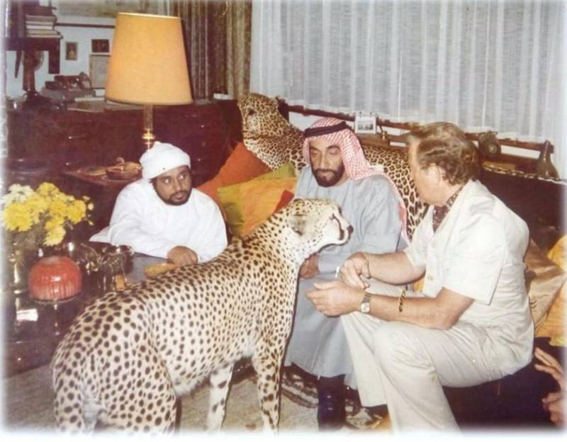 Sheikh Zayed visited Mount Kenya in the 1970s, as this picture hanging in the Fairmont resort's animal orphanage shows.