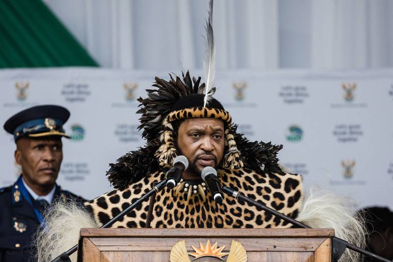 King Misuzulu Zulu, 48, addresses supporters during the coronation at the Moses Mabhida Stadium in Durban. AFP