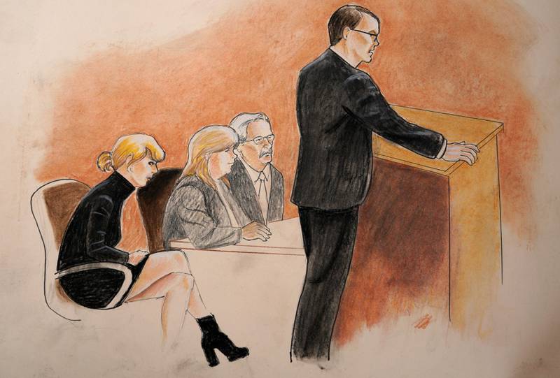 Taylor Swift, mother Andrea and attorney Jesse Schaudies (at table) listen to closing arguments in Denver Federal Court where the Taylor Swift groping trial goes on in Denver U.S. August 14, 2017.  REUTERS/Jeff Kandyba