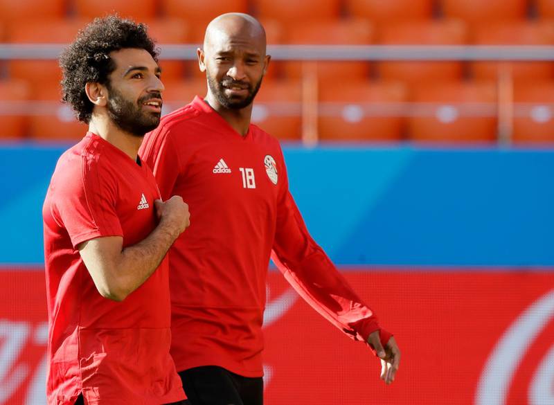 Egypt's Mohamed Salah, left, and teammate Shikabala train ahead of Friday's game with Uruguay. Mark Baker / AP Photo
