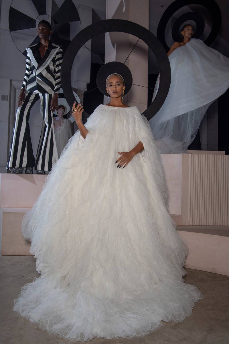 Harris Reed reworked a charity shop wedding dress in a boat net puff ball gown for spring/summer 2022