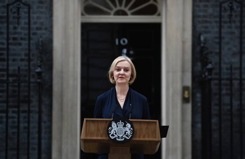 British Prime Minister Liz Truss delivers a resignation statement outside 10 Downing Street in London, Britain, 20 October 2022.  Truss gave in to increasing calls for her to resign from Tory MPs.  She will remain in power until a new prime minister will be appointed.   EPA / ANDY RAIN