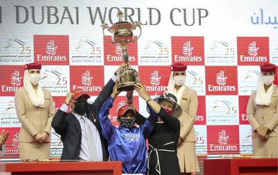 DUBAI , UNITED ARAB EMIRATES , MARCH 27  – 2021 :- MYSTIC GUIDE  (USA ) ridden by LUIS SAEZ  ( no 10  ) won the 9th horse race  Dubai World Cup 2000m Dirt  during the Dubai World Cup held at Meydan Racecourse in Dubai. ( Pawan Singh / The National ) For News/Sports/Instagram/Big Picture. Story by Amith