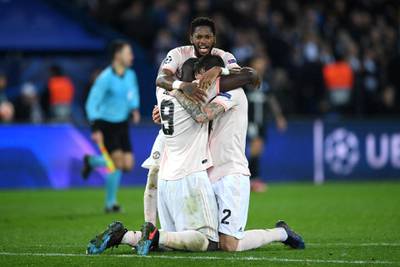 PARIS, FRANCE - MARCH 06: Fred and Manchester United team mates celebrate victory during the UEFA Champions League Round of 16 Second Leg match between Paris Saint-Germain and Manchester United at Parc des Princes on March 06, 2019 in Paris, . (Photo by Shaun Botterill/Getty Images)