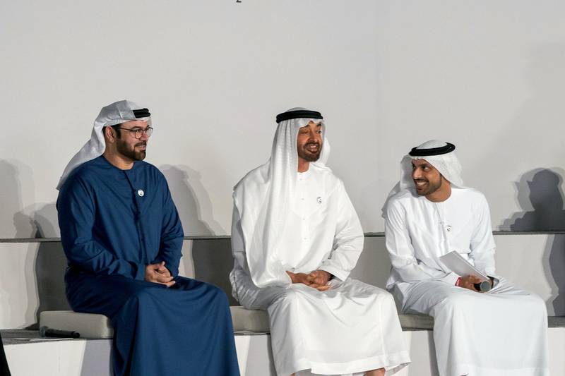 ABU DHABI, UNITED ARAB EMIRATES - January 07, 2019: HH Sheikh Mohamed bin Zayed Al Nahyan, Crown Prince of Abu Dhabi and Deputy Supreme Commander of the UAE Armed Forces (C), HE Mohamed Abdulla Al Gergawi, UAE Minister of Cabinet Affairs and the Future (L) and Ahmed Taleb Al Shamsi, Director of the National Experts Program (R), attend the launch of the National Experts Program, at The Founders Memorial.

( Hamed Al Mansoori / Ministry of Presidential Affairs )?
---