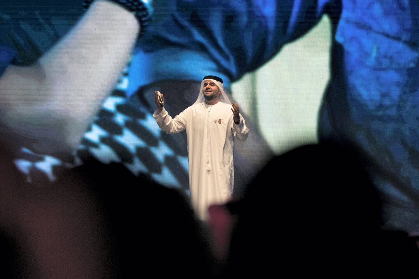 DUBAI, UNITED ARAB EMIRATES - MAY 14, 2018. 

Hussain Al Jasmi performs at the Arab Hope Makers award.

Arab Hope Makers Award is  in its second year. The award was launched by Sheikh Mohammed bin Rashid in 2017. It seeks out inspirational stories from across the world and is presented to an individual in recognition of their "heroic" good deeds. 
The committee received more than 87,000 entries this year.

(Photo by Reem Mohammed/The National)

Reporter: Nawal
Section: NA