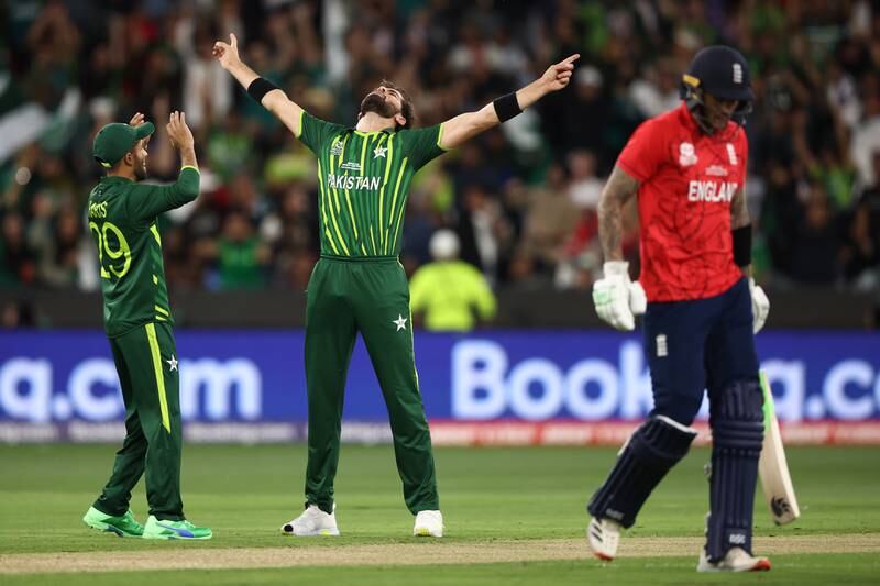 Shaheen Afridi of Pakistan celebrates after taking the wicket of Alex Hales of England during the ICC Men's T20 World Cup final. Getty