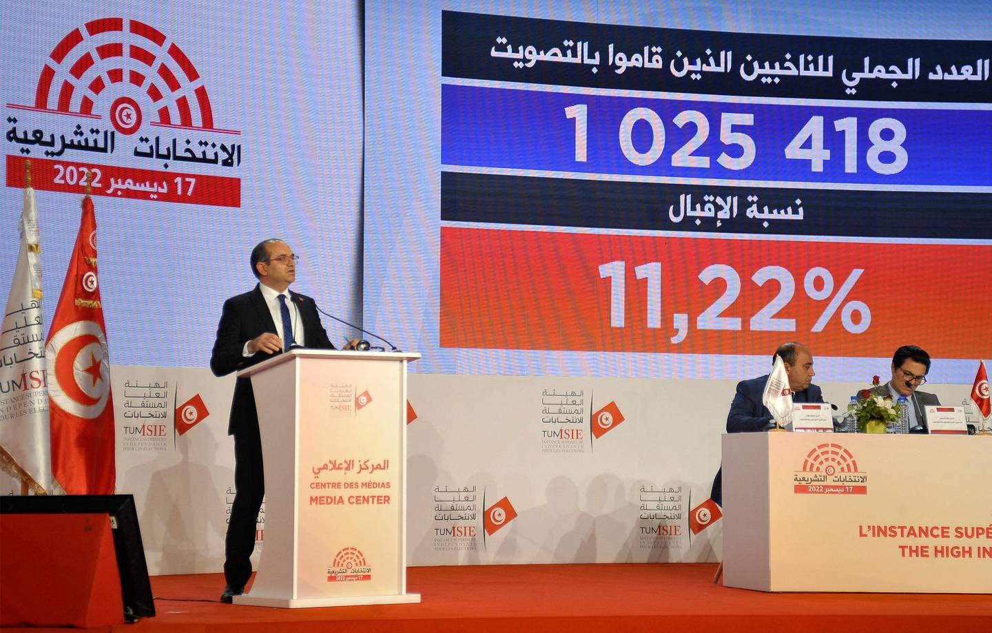 Tunisia's electoral board president Farouk Bouasker announces the preliminary results of the December 19 parliamentary elections. AFP