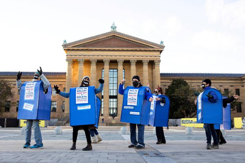"Delivering Democracy", a troupe of dancing ballot drop boxes, perform in Philadelphia, Pennsylvania. REUTERS