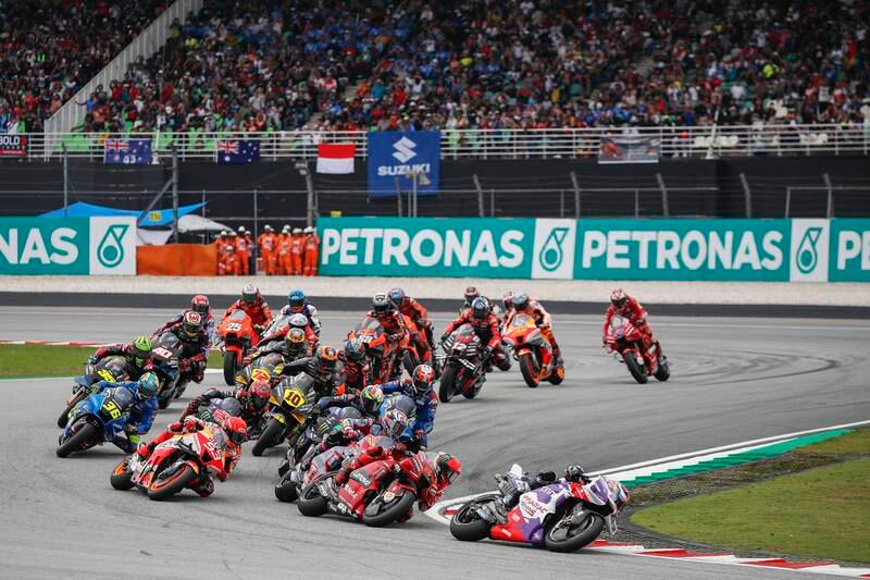 Spanish MotoGP rider Jorge Martin of Pramac Racing, right, leads the pack during the Malaysia Motorcycling Grand Prix in Sepang, Malaysia. EPA