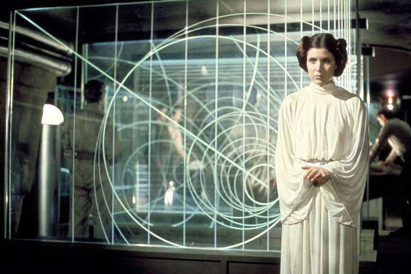 Carrie Fisher as Princess Leia in 'Star Wars'. When Leia is not in love, she's sensibly dressed and portrayed as being more powerful. Alamy Stock Photo