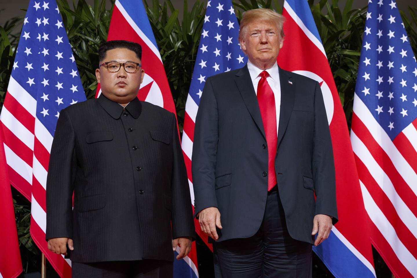 US President Donald Trump meets North Korean leader Kim Jong-un on Sentosa Island, Singapore in June 2018.  AP