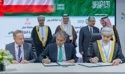 Officials, including Saudi Arabia's energy minister Prince Abdulaziz bin Salman (back row, centre) and Salim Al Aufi, Oman's Minister of Energy and Minerals (back row, left) at the signing ceremony in Egypt. Photo: Acwa Power