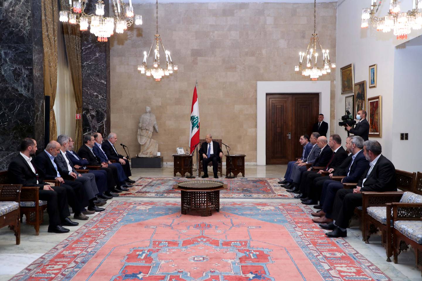 President Michel Aoun holds talks with members of Hezbollah's parliamentary bloc at the presidential palace in Baabda, Lebanon, on Thursday. Reuters
