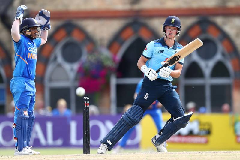 CHELTENHAM, ENGLAND - JULY 26: Ben Charlesworth of England plays to the legside as India wicketkeeper Priyesh Patel looks on during the Under 19 Tri-Series match between England U19 and India U19 at Cheltenham College Ground on July 26, 2019 in Cheltenham, England. (Photo by Michael Steele/Getty Images)