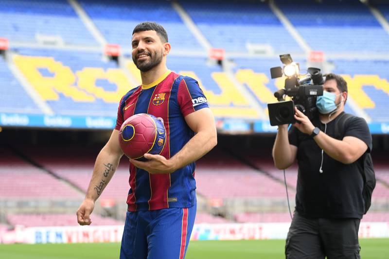 Sergio Aguero is presented as a Barcelona player. Getty