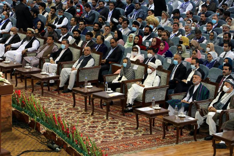 President Ashraf Ghani and other Afghan leaders attend on the last day of the loya jirga on August 9, 2020. AP Photo