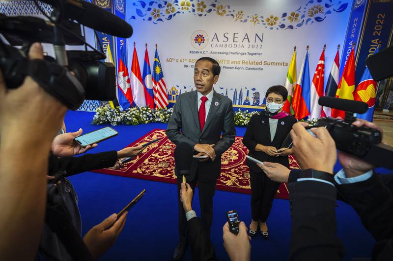 Indonesia's President Joko Widodo speaks to the media during the Asean summit in Phnom Penh, Cambodia. Indonesia will take over the presidency of Asean in 2023. AP