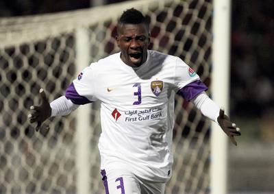 Some words at half time from his brother helped Al Ain's Asamoah Gyan focus on the task at hand. He is tied at 26 goals for the Arabian Gulf League's Golden Boot with Sebastian Tagliabue of Al Wahda with two matches left in the season. AFP 